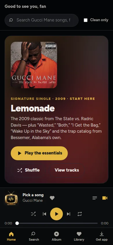 Gucci Mane fan app home screen